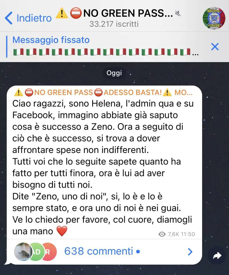 Nelle chat dei no pass spunta l'iban per supportare il loro leader
