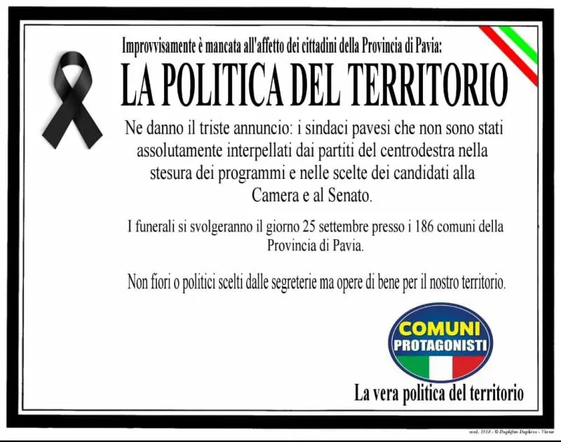L'ironico "manifesto funebre" nel quale si annuncia la morte della "politica del territorio"