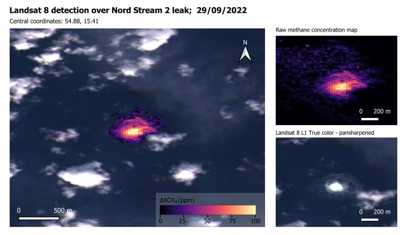 L'analisi dell'International Methane Emission Organization sulla fuoriuscita di metano dalla falla di Nord Stream 1, visibile al centro