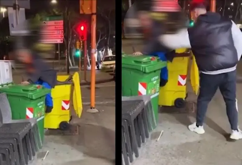 Costringono un uomo a entrare in un cassonetto e lo buttano a terra: il video choc