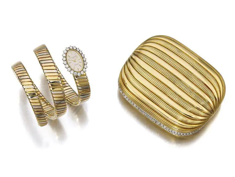 Coordinato pochette e bracciale orologio in oro e diamanti realizzati da Bulgari negli anni '60