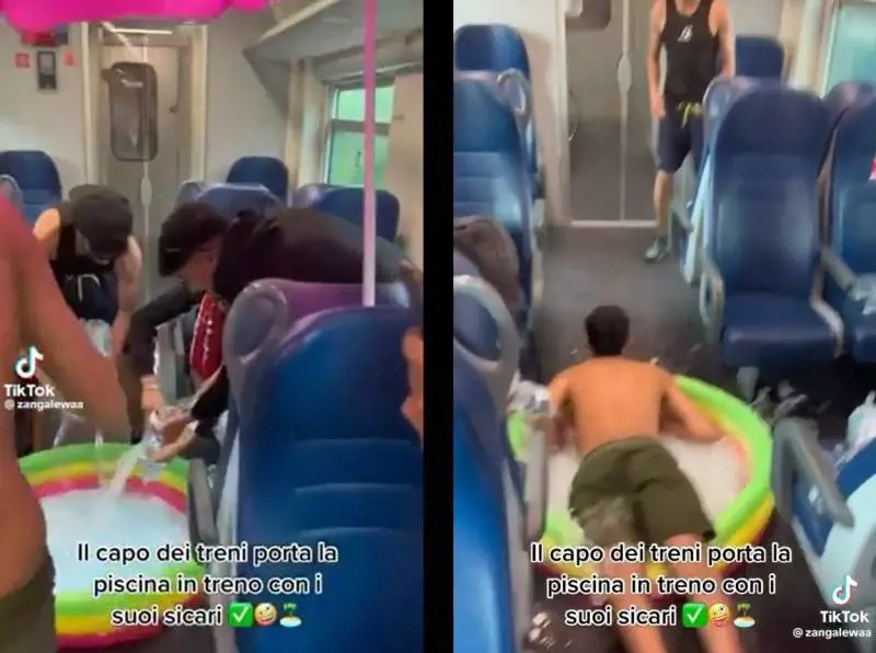 Piscina gonfiabile e ombrellone sul treno regionale: l'ultima follia sui social