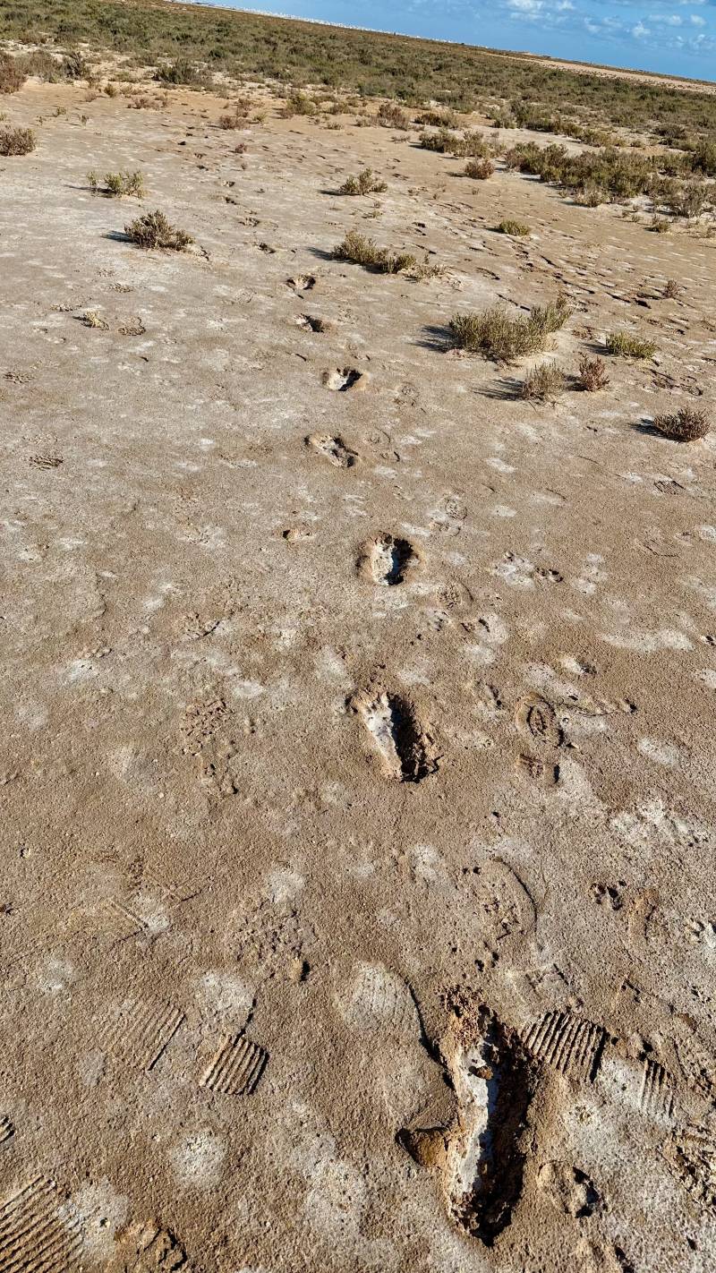 Orme di piedi nudi nel deserto dove passano i migranti fra la Libia e Tunisia.