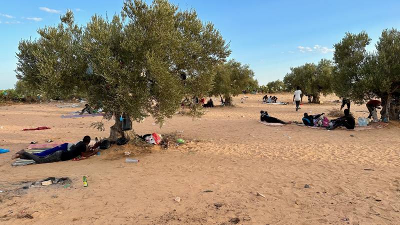 Migranti bivaccano sotto gli olivi alla periferia di El Amra in attesa della partenza per l'Italia.
