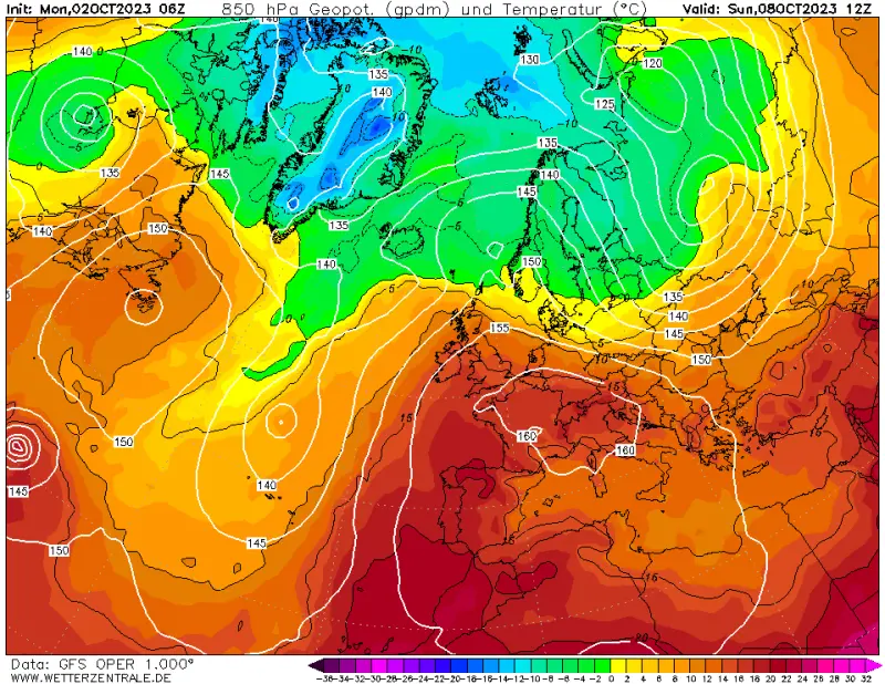 temperatura a 1.500 metri domenica 8 ottobre, ore 12. Fonte wetterzentrale