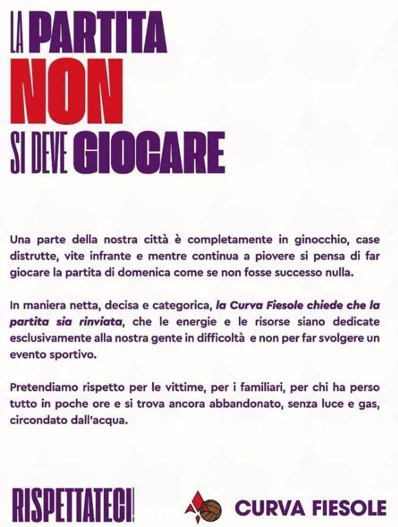 "Non si deve giocare". La Fiesole prende posizione su Fiorentina-Juve dopo l'alluvione