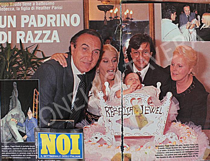 Nel giorno del battesimo di Rebecca Jewel Manenti con il padrino Pippo Baudo e la madrina Katia Ricciarelli (1995)