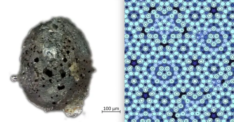 A sinistra la sferula di meteorite ritrovato sul Monte Gariglione in Calabria. A destra la sua particolare struttura dalla conformazione aperiodica che ricorda i mosaici arabi, che a differenza dei normali cristalli segue schemi che non si ripetono