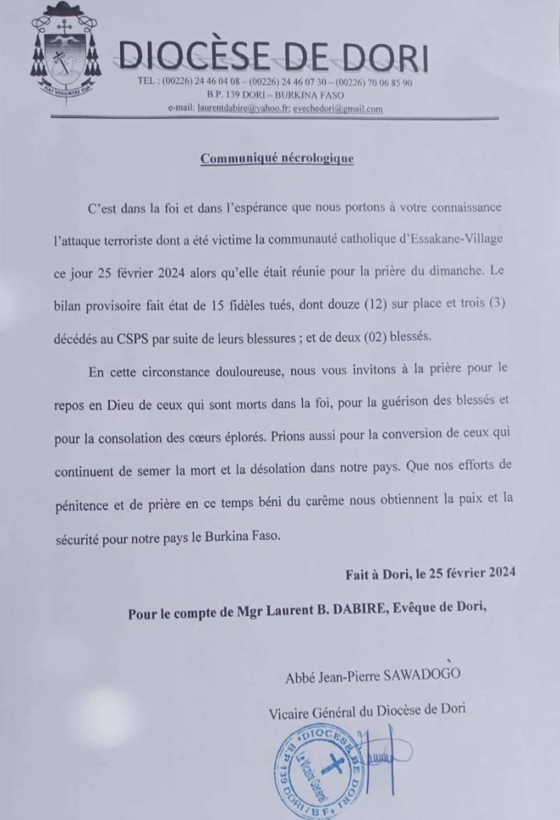 Comunicado de prensa de la Diócesis de Burkina Faso