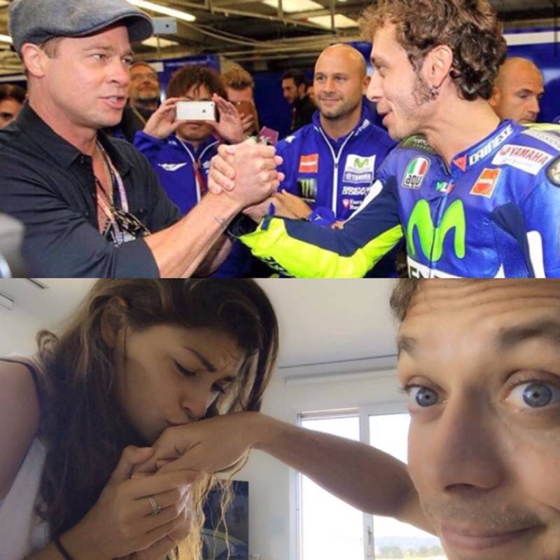 Post Instagram di Valentino Rossi: "Ecco cosa succede quando tocchi la mano a Brad Pitt" (2015)