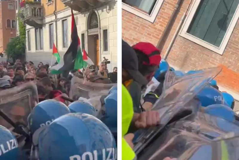 G7 a Venezia, antagonisti in piazza con caschi ed elmetti. Scontri con la polizia