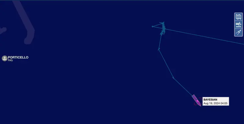 Tracciato Ais Bayesian prima dell'affondamento. In alto lo "scarabocchio" dello scarrocciamento - Vessel Finder