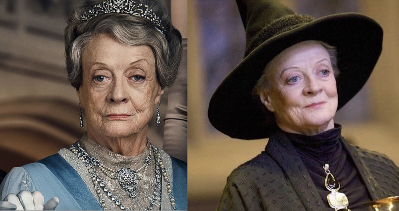 A sinistra Maggie Smith nel ruolo della Contessa Violet in Downton Abbey. A destra in quello della professoressa McGranitt nella saga cinematografica di Harry Potter 