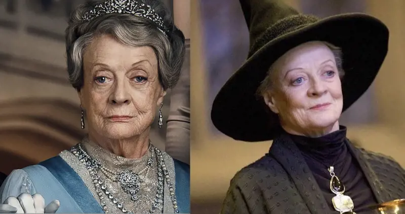 A sinistra Maggie Smith nel ruolo della Contessa Violet in Downton Abbey. A destra in quello della professoressa McGranitt nella saga cinematografica di Harry Potter