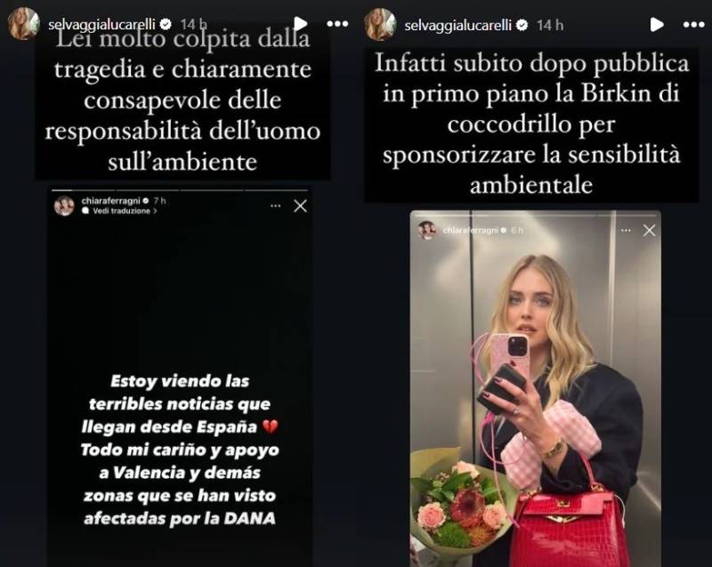 Chiara Ferragni, la solidarietà al popolo di Valencia e la borsetta di coccodrillo. L'attacco della Lucarelli