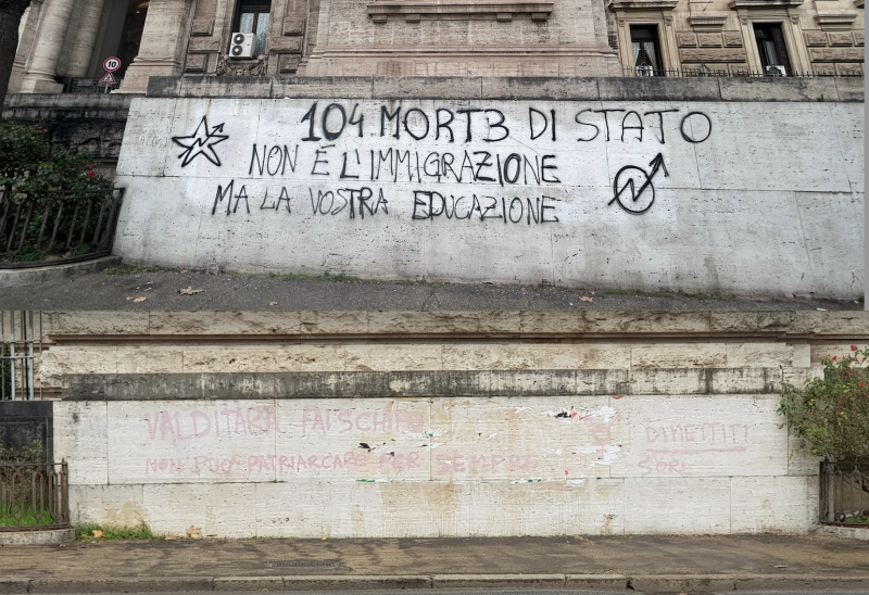 Scuola, scritte con simboli anarchici e stella a 5 punte contro Valditara. Meloni: "Gesto vile, piena vicinanza"