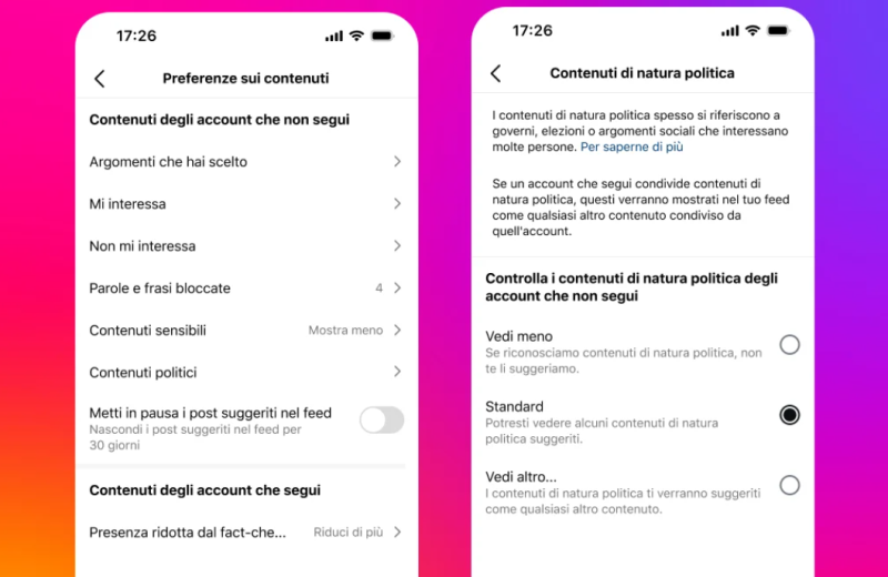 Impostazioni Instagram contenuti politici