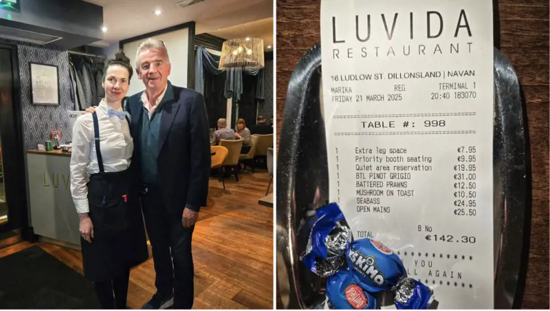 Il ceo di Ryanair Michael O'Leary insieme ad una cameriera durante la cena. A destra il conto con gli "extra" aggiunti. Foto Instagram  (@luvidarestaurant)
