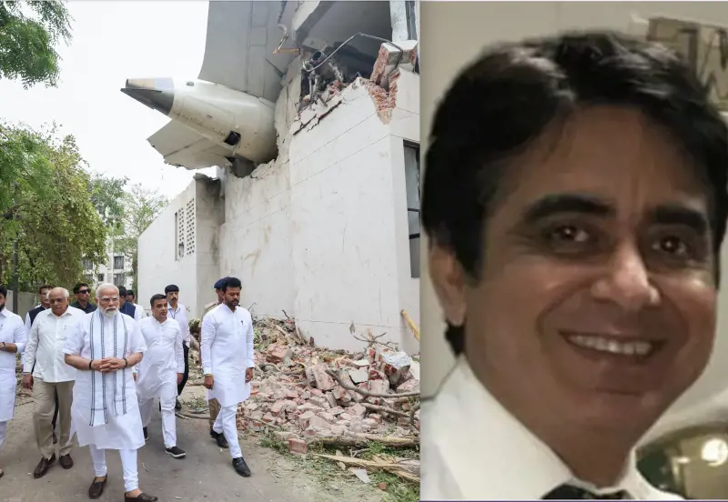 A destra una terribile immagine dell'aereo Air India precipitato. A destra il pilota Sumeet Sabharwal