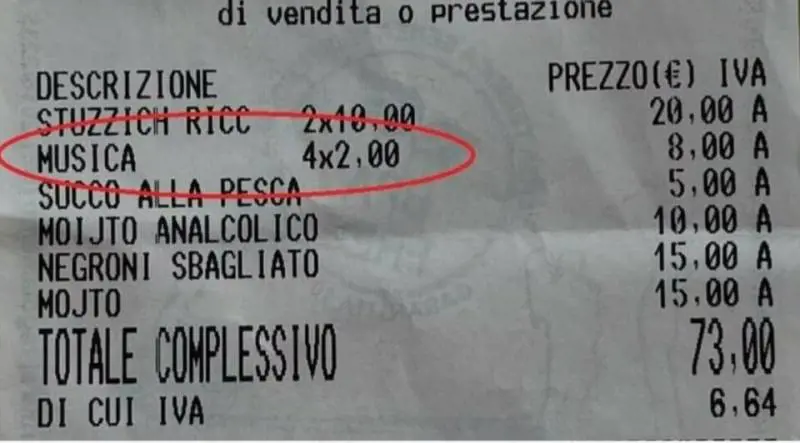 Scontrino choc in un locale di Ostuni: due euro in più a testa per la musica