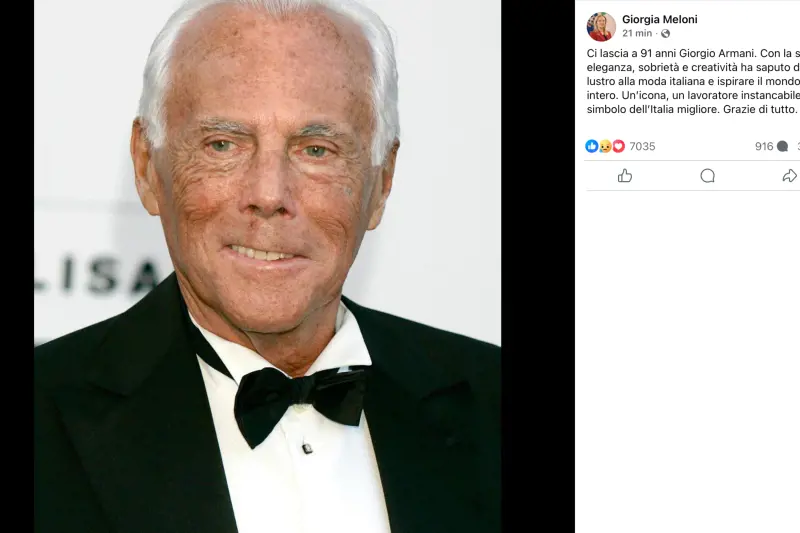 Morto Giorgio Armani, Meloni: “Grazie di tutto”