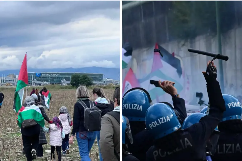 A Torino è guerriglia pro Pal. Attivisti coi bambini vicini alla pista di Caselle