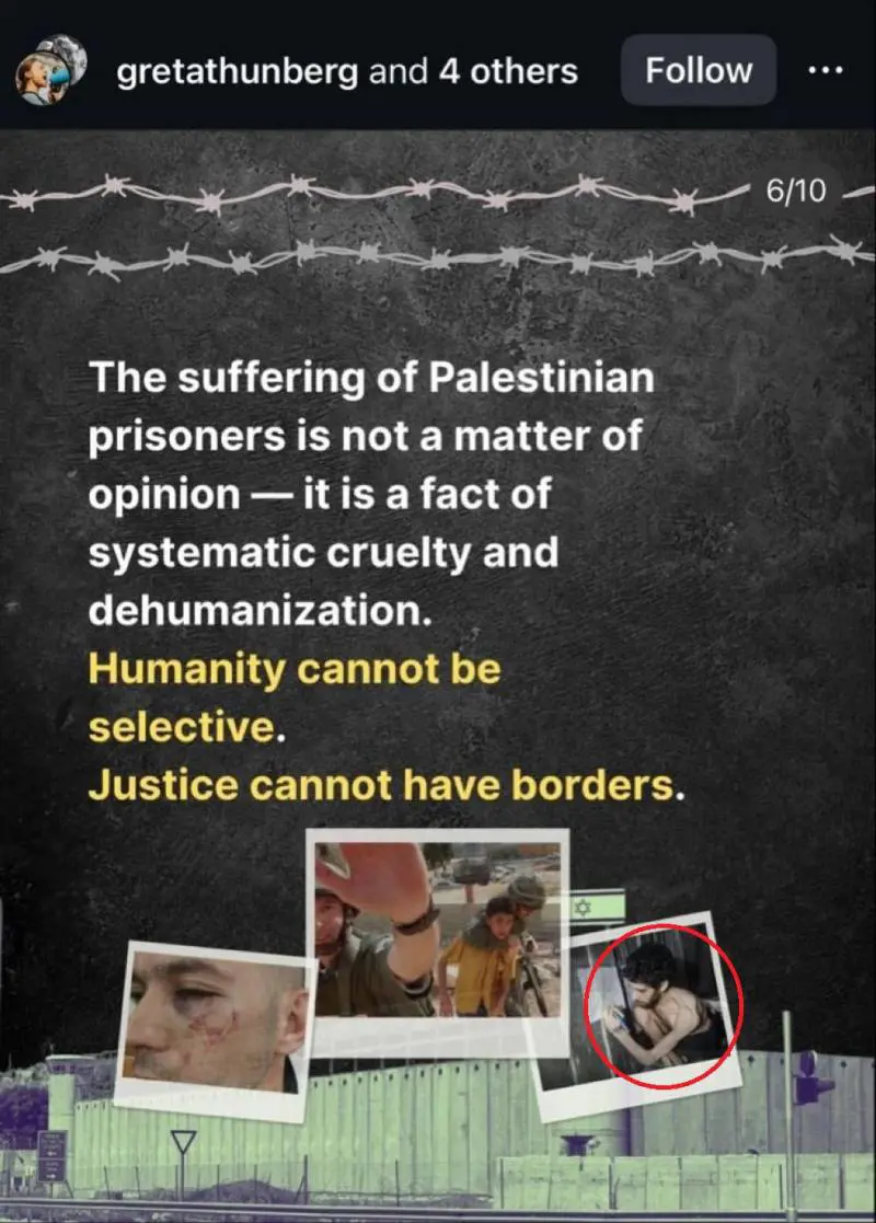 Figuraccia di Greta: dà solidarietà ai prigionieri palestinesi ma la foto la smentisce
