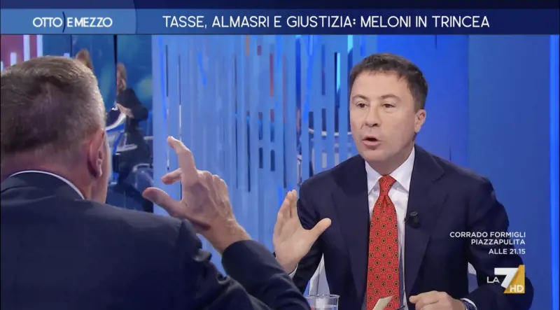 "Date i numeri, la Meloni sta al 31%". Rissa tv tra Bocchino e Giannini: interviene la Gruber 