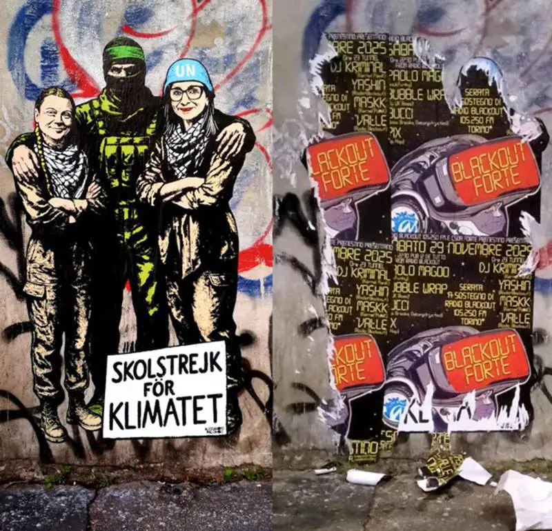 Roma, vandalizzato il murales di Albanese e Greta con il terrorista di Hamas