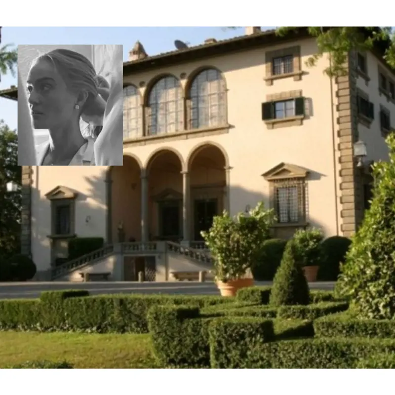  La tenuta di Montopoli Valdarno dove si è svolto il matrimonio di Virginia Asia Agnelli, nel riquadro. Foto social