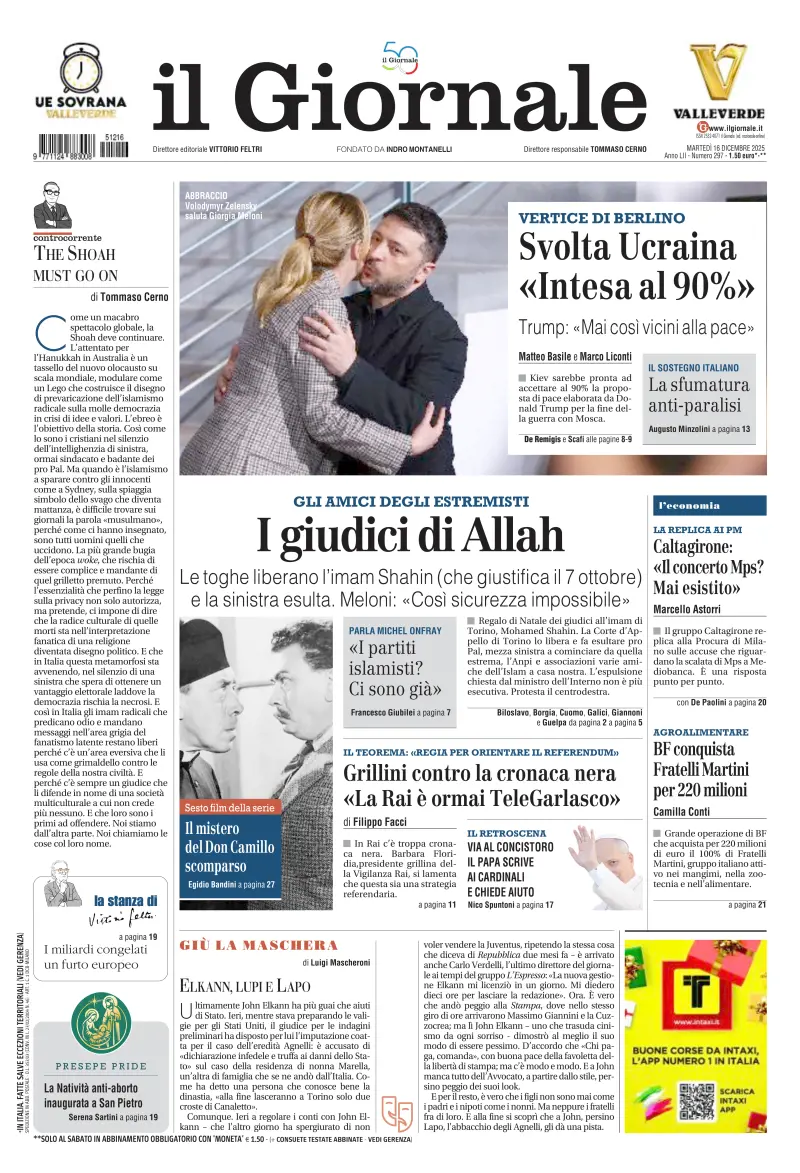 La prima pagina del Giornale: dalle toghe pro-imam alla pace in Ucraina, dai grillini a Don Camillo e Peppone