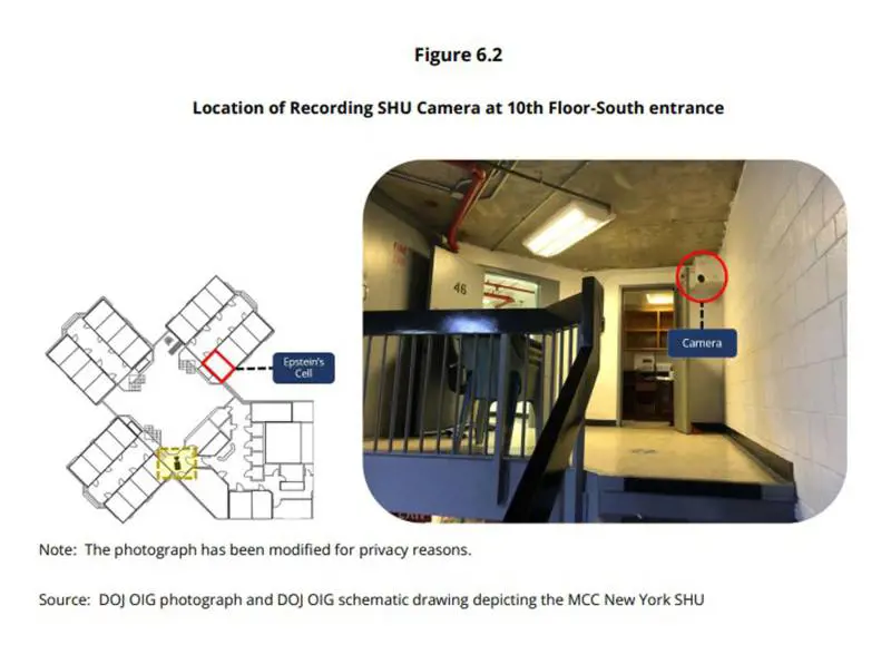 Nella foto diffusa dal Dipartimento di giustizia Usa, la posizione della telecamera di sorveglianza al Metropolitan Correctional Center di Manhattan, il carcere dove è morto Jeffrey Epstein