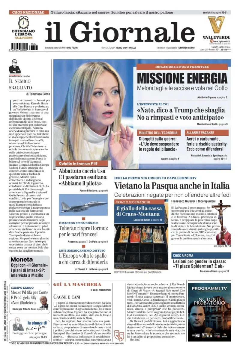 La prima pagina del Giornale: Missione energia nel Golfo per Meloni, l’appello di Giorgetti all’Ue, abbattuto un caccia Usa in Iran