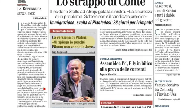 La prima pagina del Giornale: lo strappo di Conte, Platini, Elkann e i pro Pal nel Pd