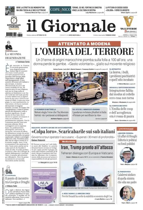 La prima pagina del Giornale: Attentato a Modena, Trump pronto all’attacco in Iran, l’incidente alle Maldive