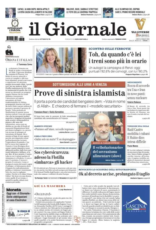  La prima pagina del Giornale: Prove di sinistra islamista, autogol della campagna di Renzi, ok al decreto accise 