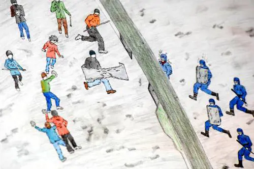 Un disegno per illustrare le fasi dell'omidicio del poliziotto