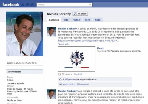 "Non mi ricandido". Hackerato  
il profilo Facebook di Sarkozy 