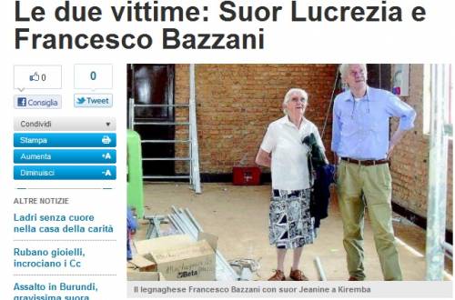 Burundi, spari nella missione Ucciso un volontario italiano e ferita suora. Due arrestati