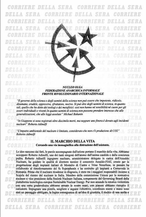 Adinolfi, rivendicano gli anarchici del Fai La minaccia: "Faremo altre sette azioni"