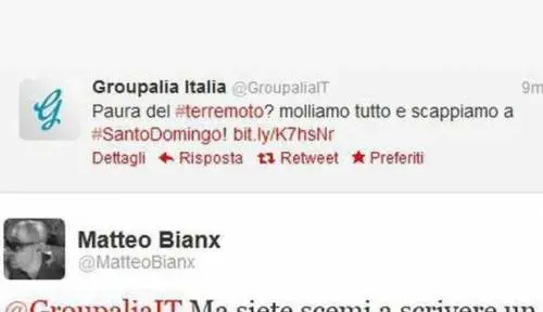 Terremoto, le gaffe  delle aziende su Twitter