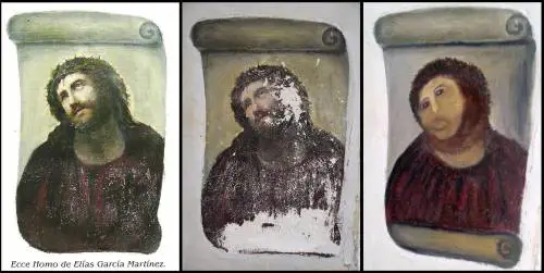 L'affresco originale, da restaurare e "restaurato"