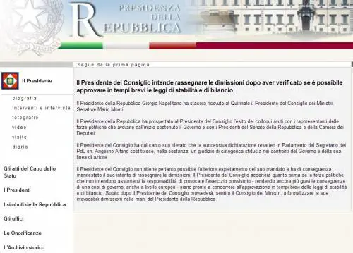 La nota del Quirinale: Monti intende dimettersi