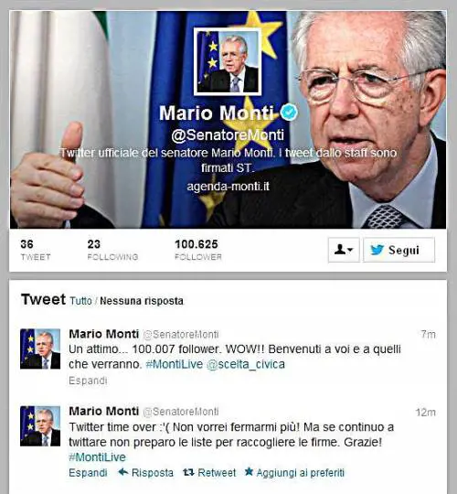 Su Twitter Monti fa il modesto: "Mi sento pioniere della politica"