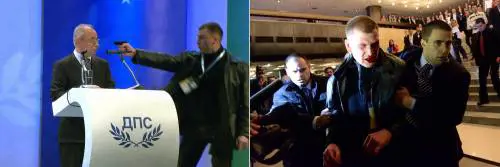 Prima e dopo. L'attentatore cerca di sparare al politico, poi viene portato fuori malconcio
