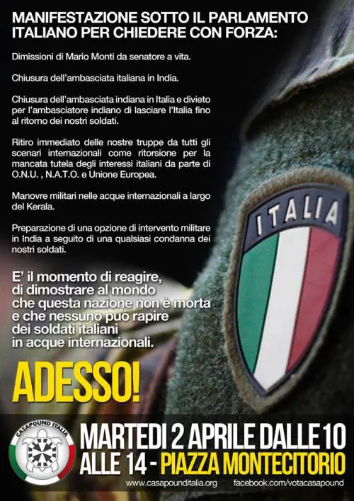 Caso marò, Casapound: "Dichiarare guerra all'India" E scoppia la polemica