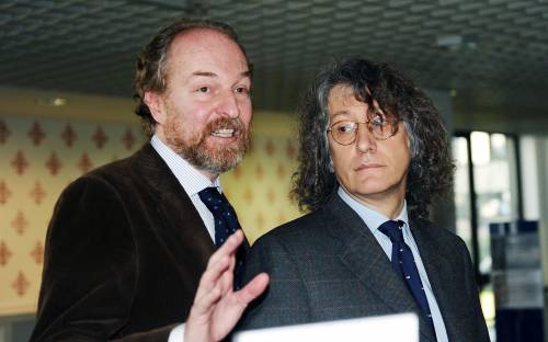 Gianroberto Casaleggio con Arturo Artom durante l'incontro con gli imprenditori della rete ConfApri