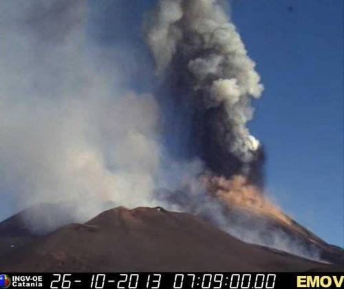 Una colonna di cenere sul vulcano dell'Etna