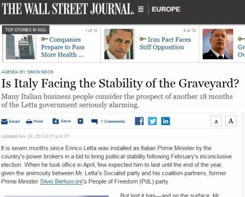 Wall Street Journal: stabilità di Letta come quella di un cimitero