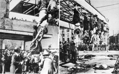 I corpi di Mussolini e altri gerarchi fascisti esposti a Piazzale Loreto nell'aprile 1945